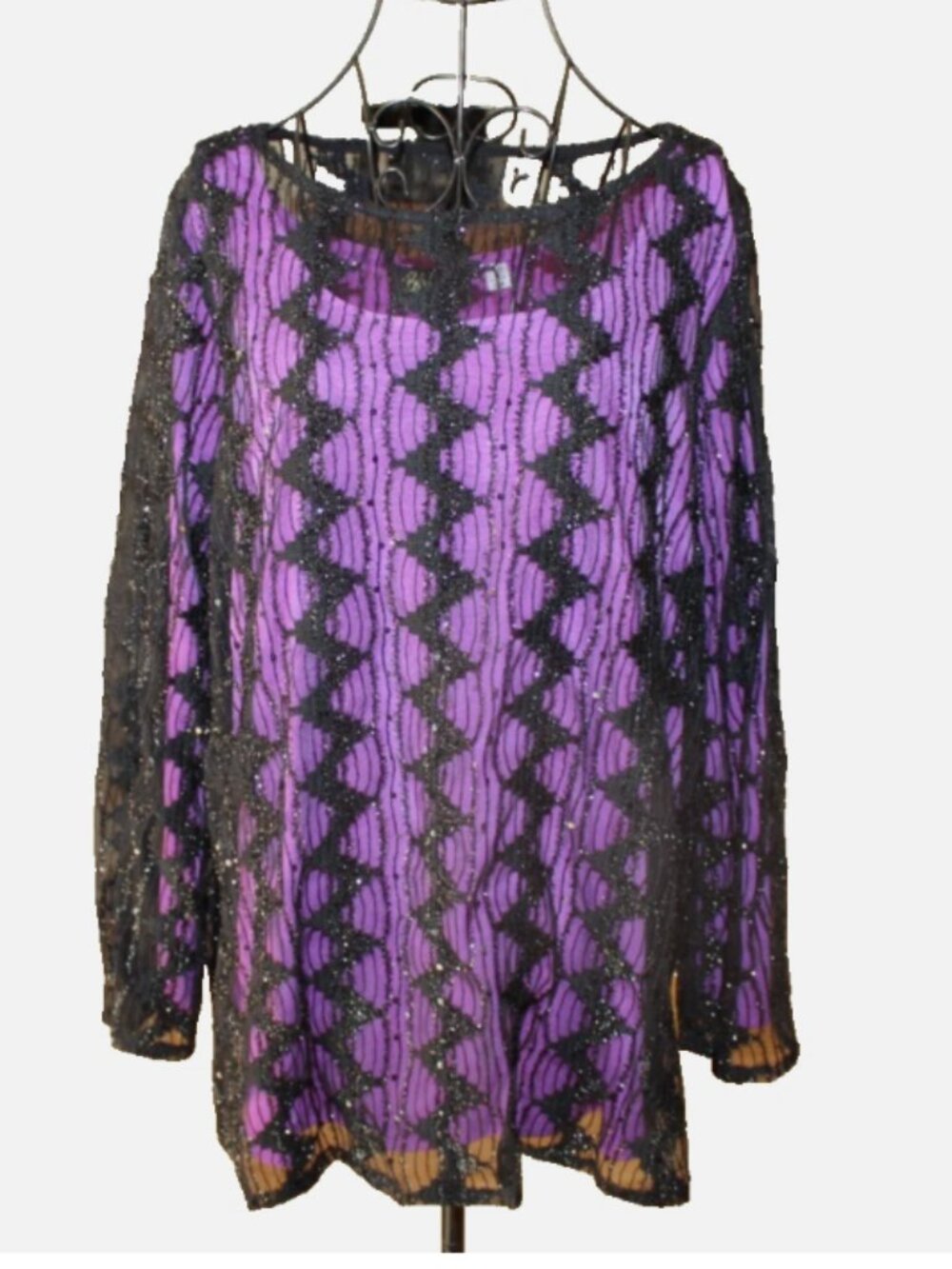 NWT Bob Mackie Wearable Art Sz Large Purple Black Chevron Sequin Lace Tunic Top